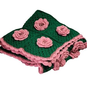 Vintage Crocheted Afghan Throw Blanket 3D Pink Roses Granny Squares 63" x 34"